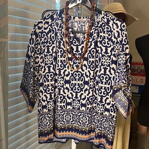 Blue and White Patterned Blouse
